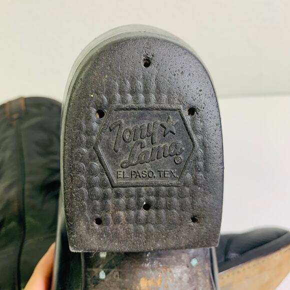 TONY LAMA‎ Boots Vintage 9.5 D Black Cowboy Calf Leather w/Lizard Wingtip CY3505 - Picture 7 of 9